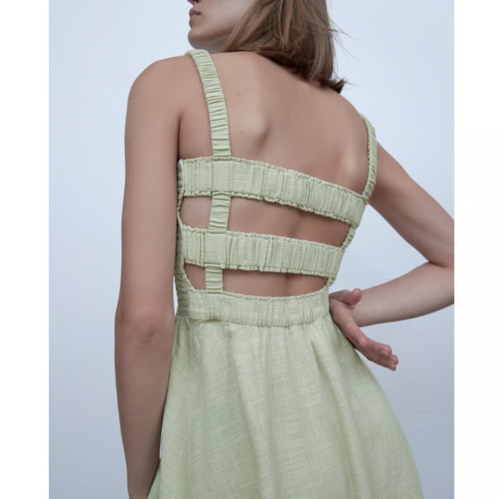 ZARA 100% Cotton Smocked Midi Dress Light Sage Green Size S